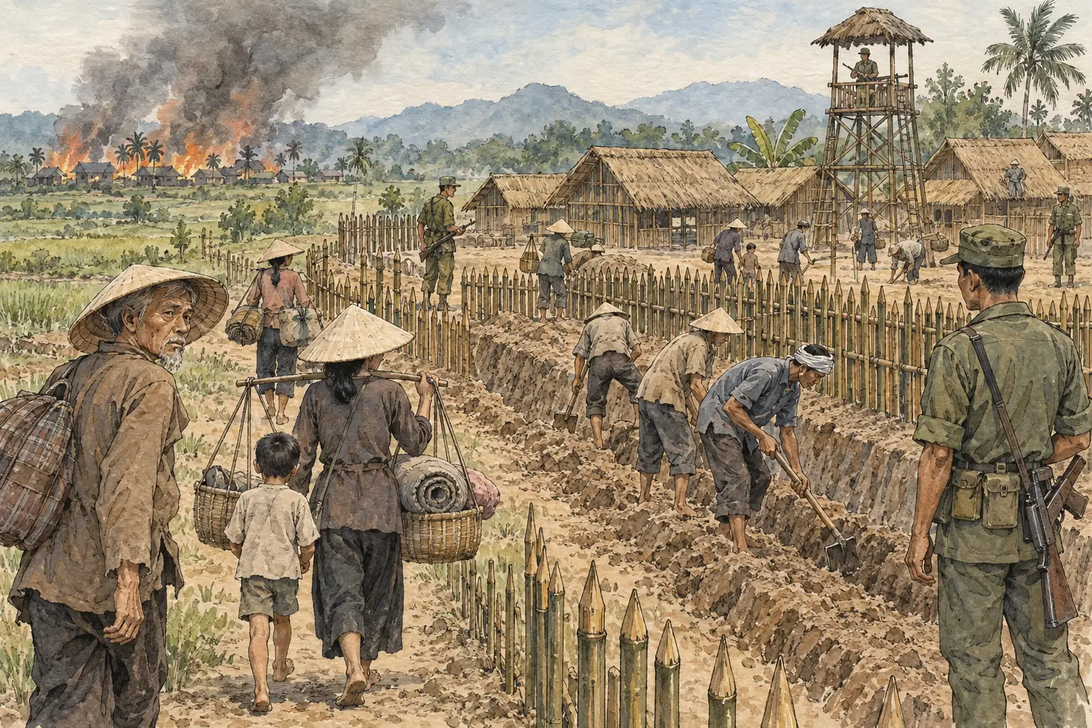 Villagers were forced to build and move into fortified hamlets, and some saw their old homes burned so that they could not return.