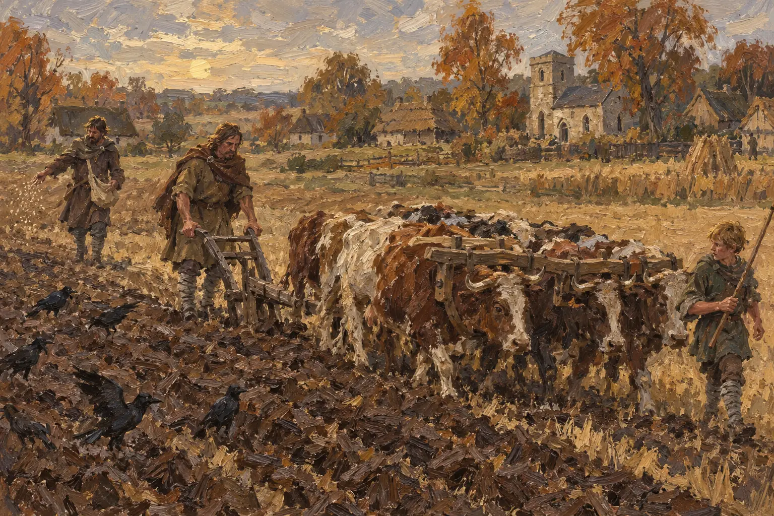 In autumn villagers ploughed with ox teams and sowed winter wheat