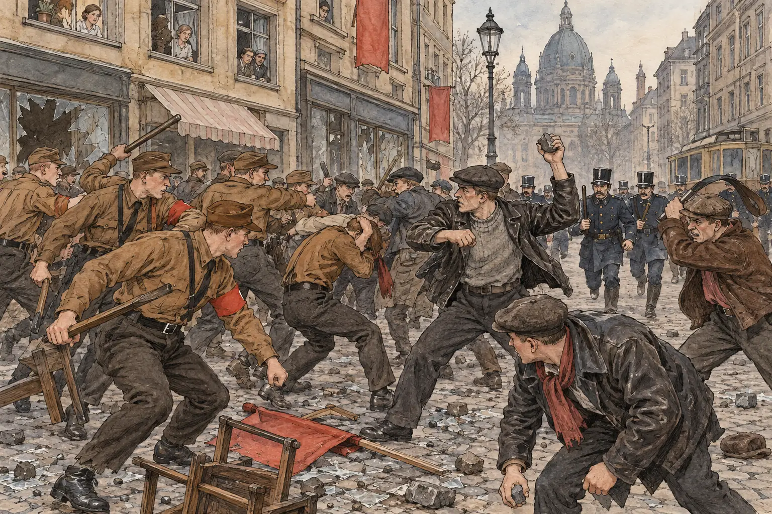 The SA and the communist Red Front Fighters fought street battles in cities such as Berlin, and the Nazis promised to restore the order their own stormtroopers were breaking.