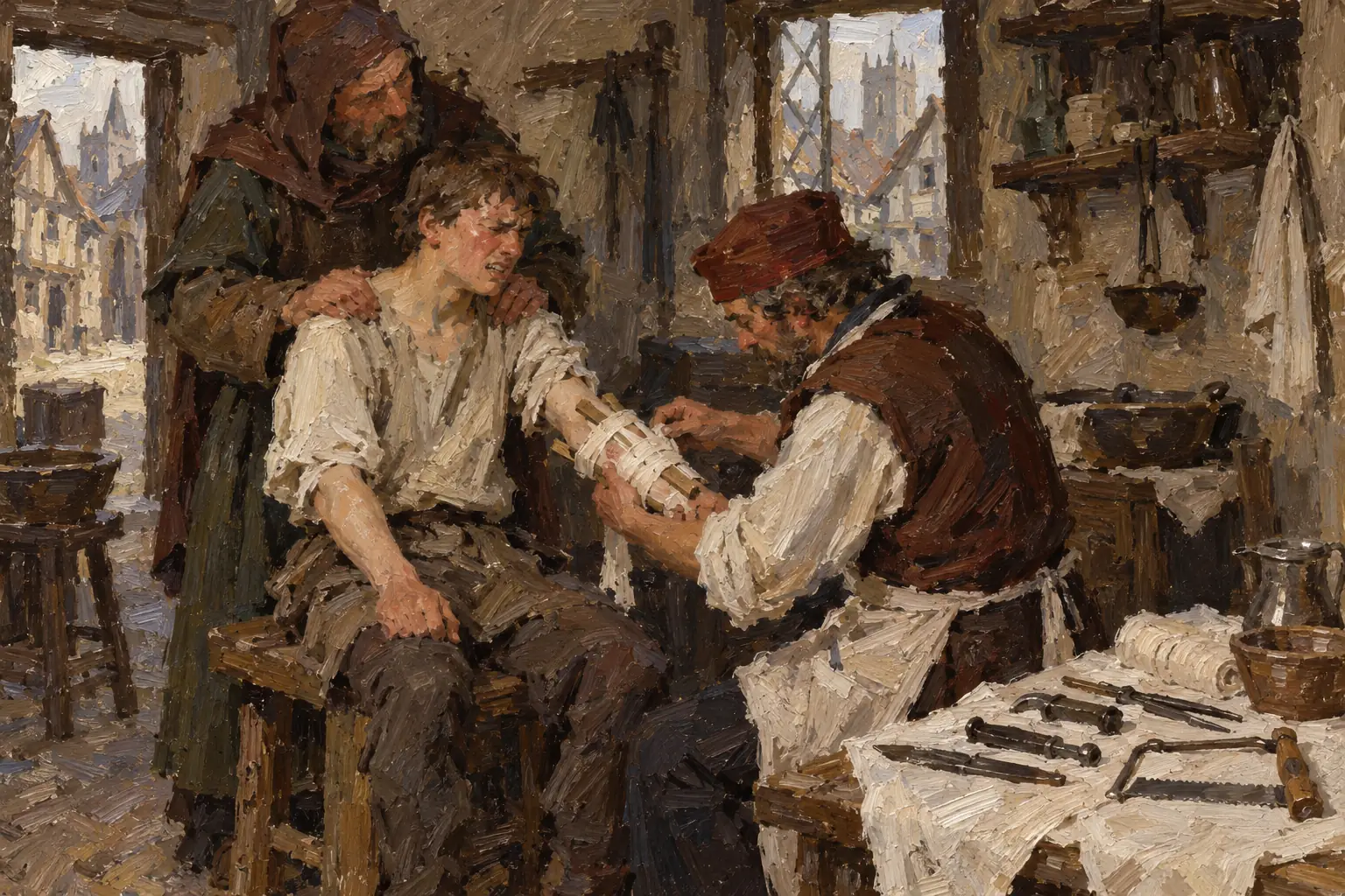 Broken limbs were pulled back into line by hand and held in place with splints of wood or cloth.
