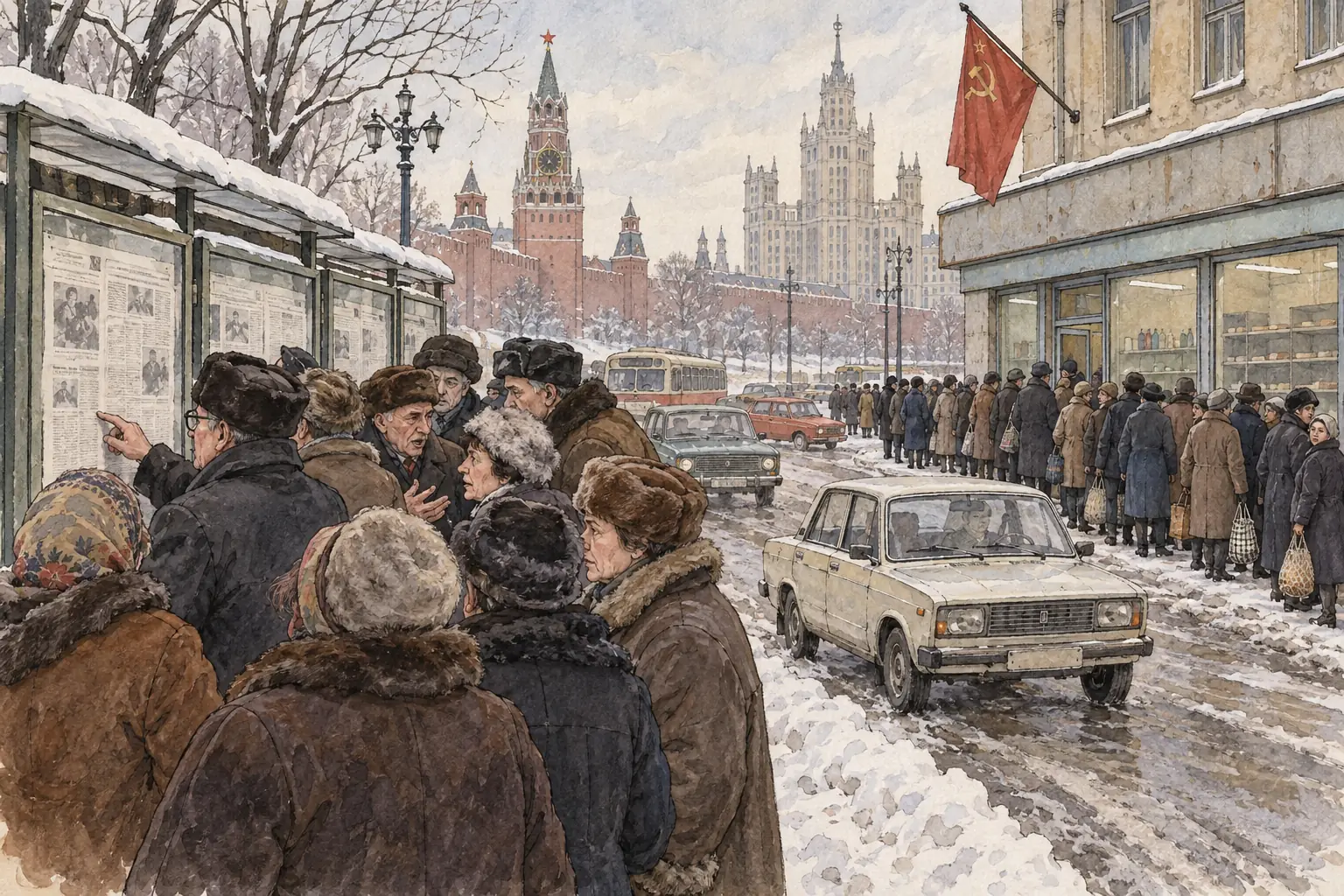 Under glasnost, newspapers printed criticism and revelations that had been banned before, and Soviet citizens queued to read them, while perestroika failed to fill the shops.