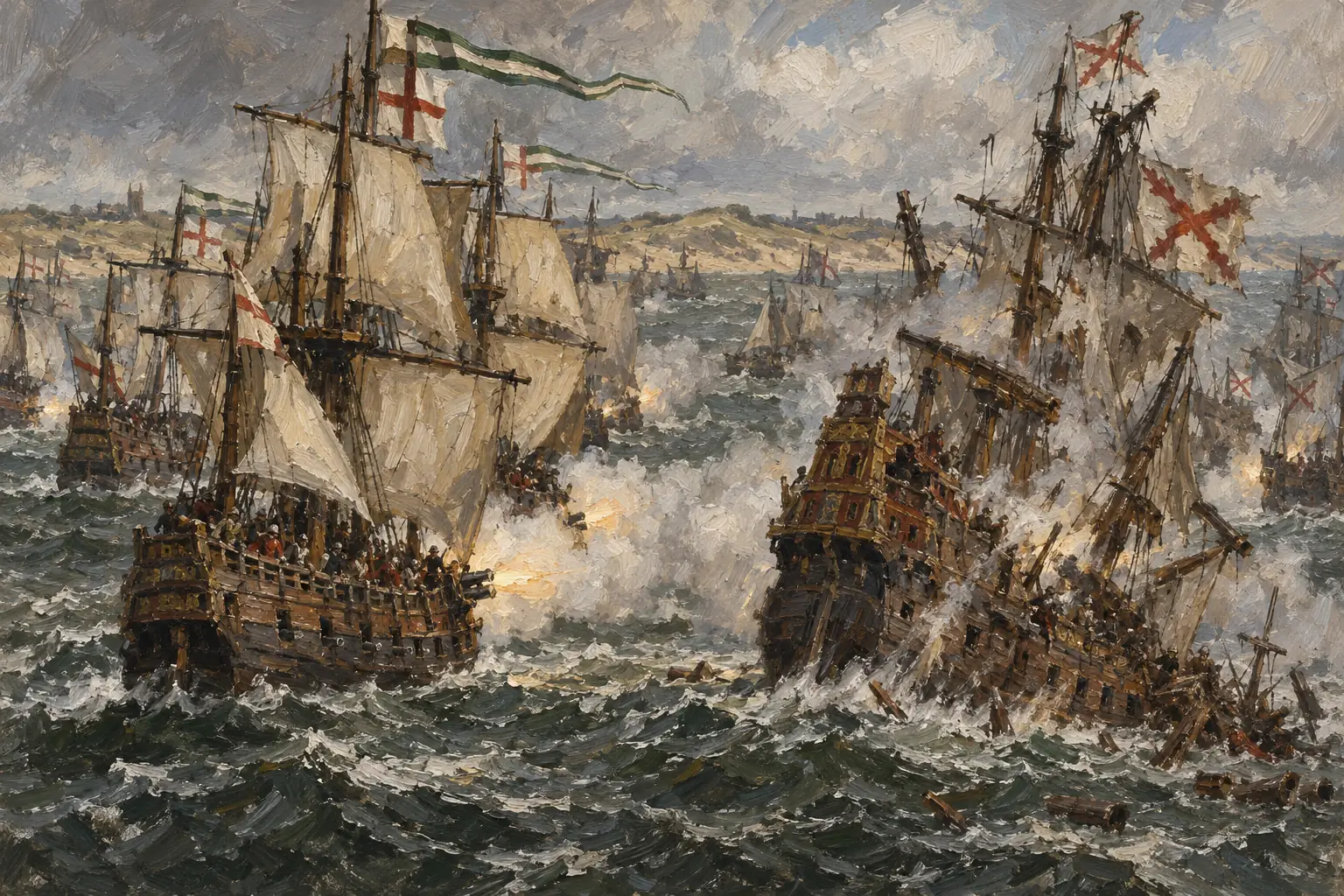 At Gravelines on 8 August English cannon fire sank or damaged several Spanish ships