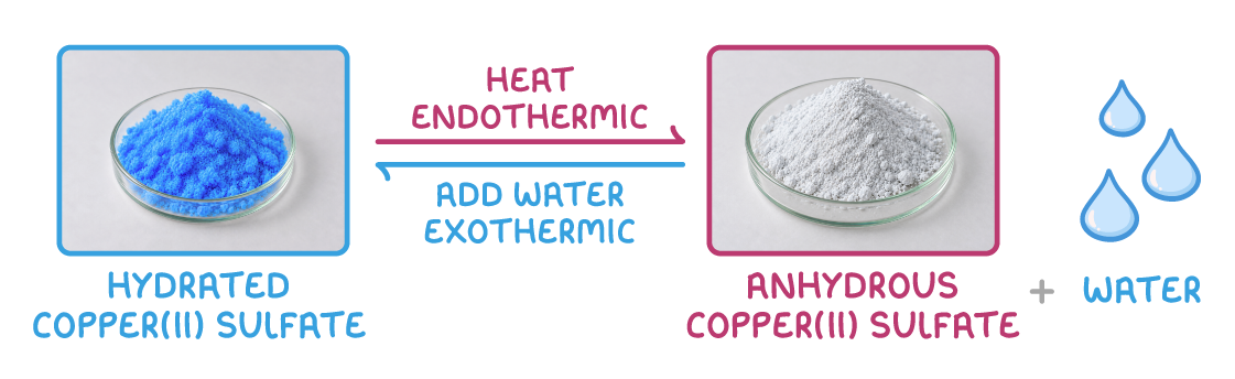 Photographs of two dishes: blue crystals labelled "hydrated copper(II) sulfate" and white powder labelled "anhydrous copper(II) sulfate", linked by a right arrow "heat endothermic" and a left arrow "add water exothermic", with water drops.