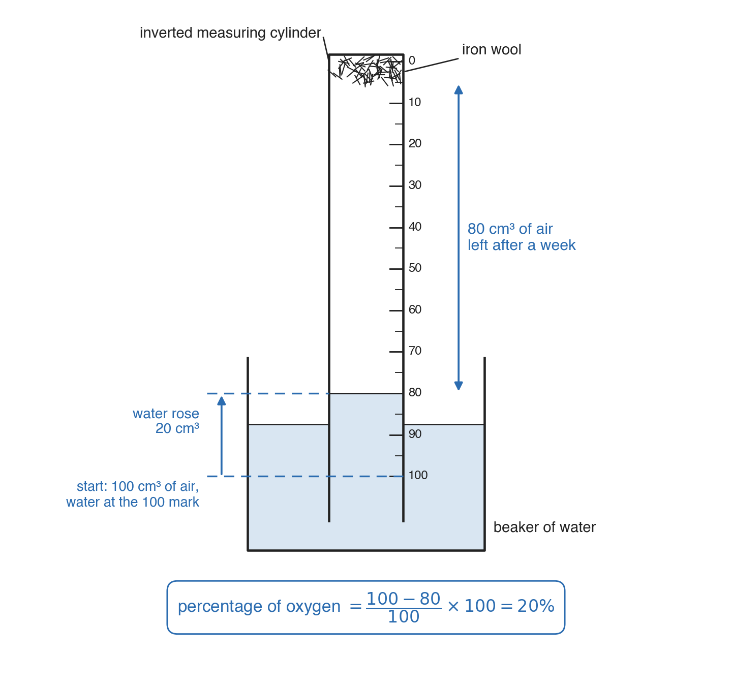 An inverted measuring cylinder scaled 0 to 100 with iron wool at the top, water risen to the 80 mark, labelled 80 cm3 of air left after a week and the percentage calculation below.