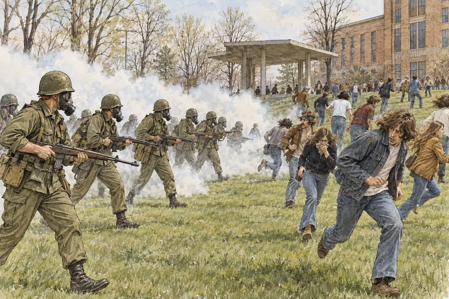 On 4 May guardsmen advanced on a noon rally with tear gas, then fired 67 rounds in 13 seconds, killing four students and wounding nine