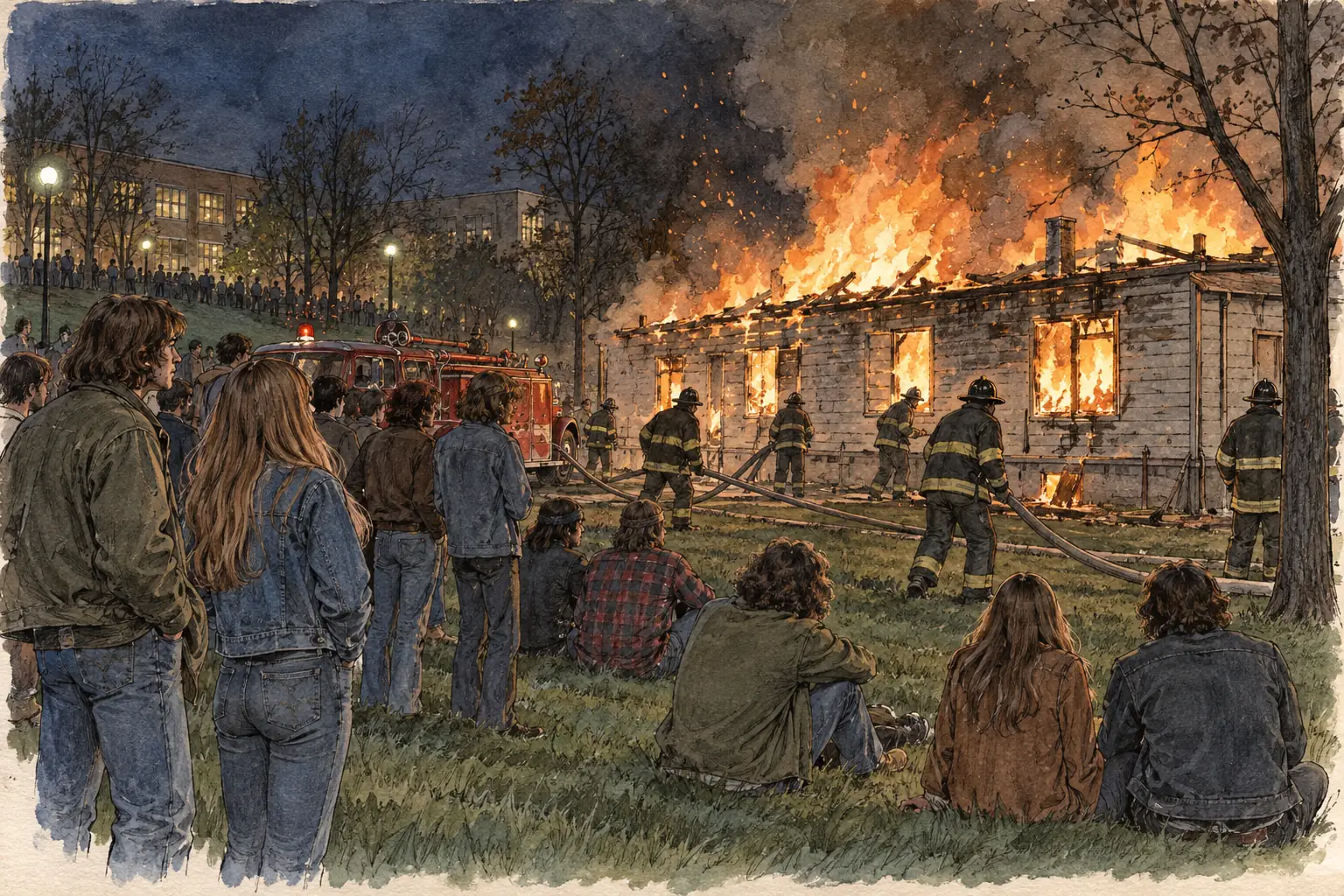 On the night of 2 May 1970 protesters burned the university's ROTC building, and the Ohio National Guard arrived