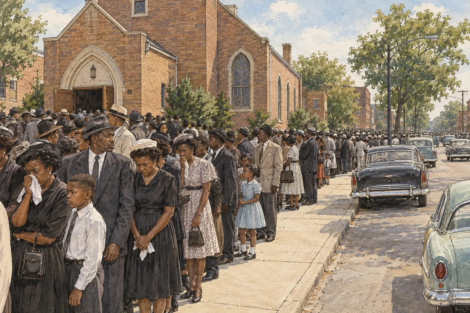 Tens of thousands of mourners filed past Emmett Till's open coffin in Chicago in September 1955