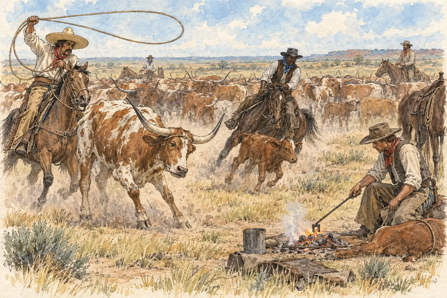 About a third of cowboys were Black or Mexican, and Mexican vaqueros brought many of the roping and riding skills cowboys used.