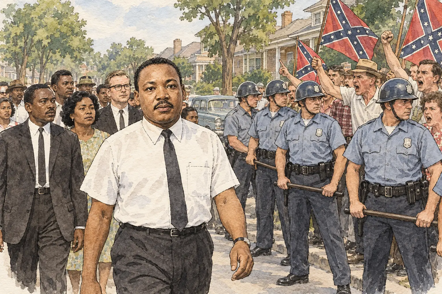 In August 1966 King led open-housing marches into white neighbourhoods of Chicago, where angry crowds met them