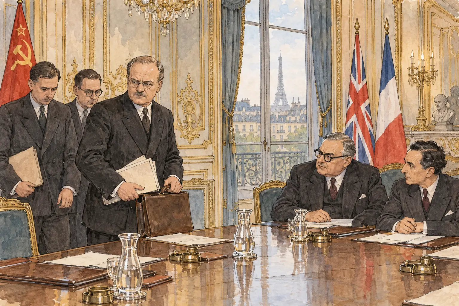 In July 1947 the Soviet Foreign Minister Molotov walked out of the Paris talks on Marshall Aid, and the Soviet Union then made its Eastern European allies refuse the aid too.