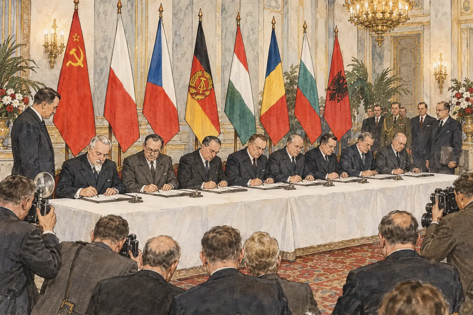 The Soviet Union and seven Eastern European states signed the Warsaw Pact in Warsaw on 14 May 1955, five days after West Germany joined Nato.