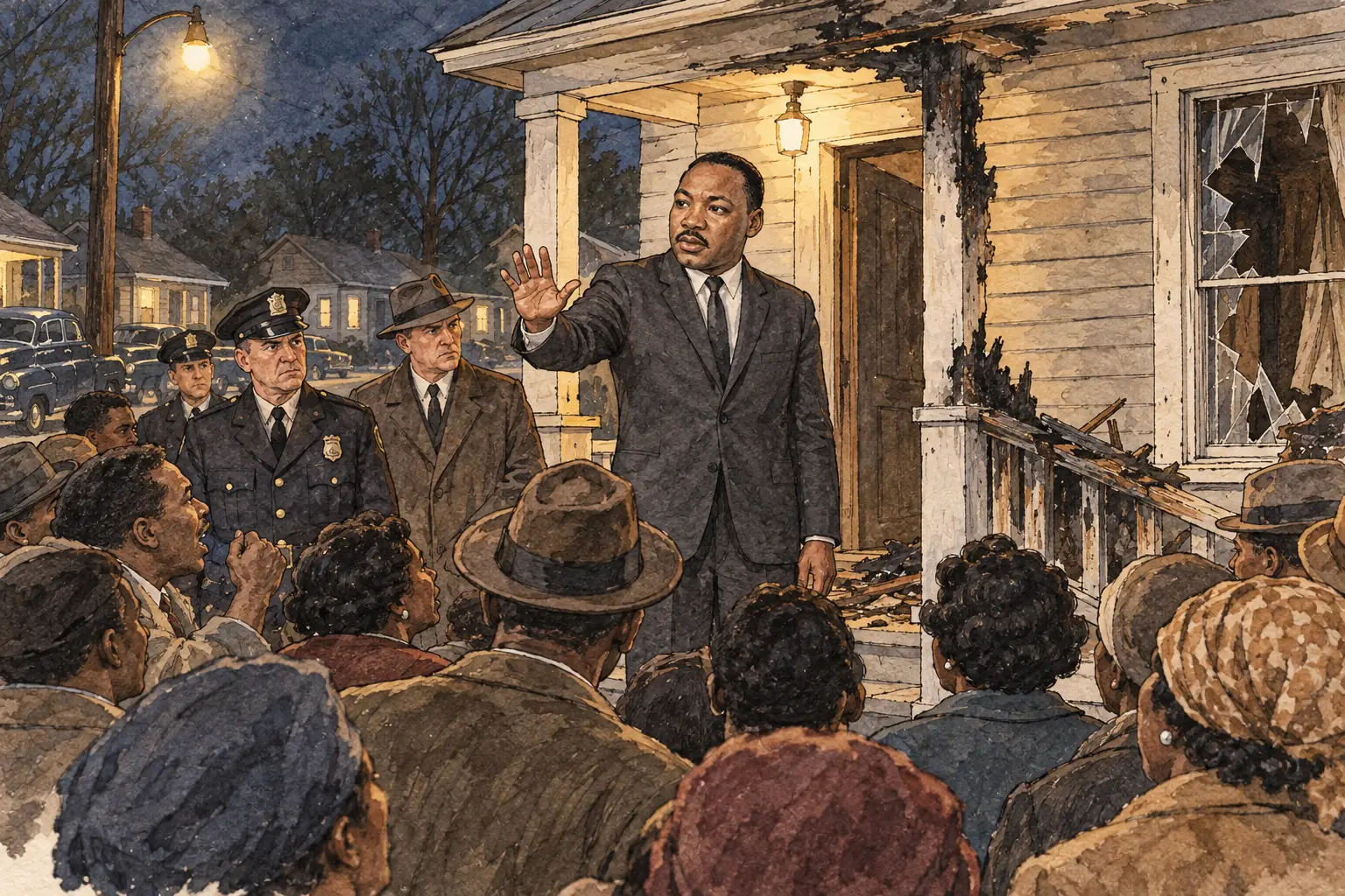 When King's house was bombed in January 1956, he calmed the angry crowd outside and urged them not to retaliate.