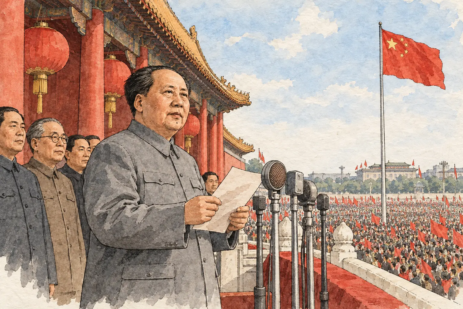 Mao proclaimed the People's Republic of China from the Tiananmen Gate in Beijing on 1 October 1949.