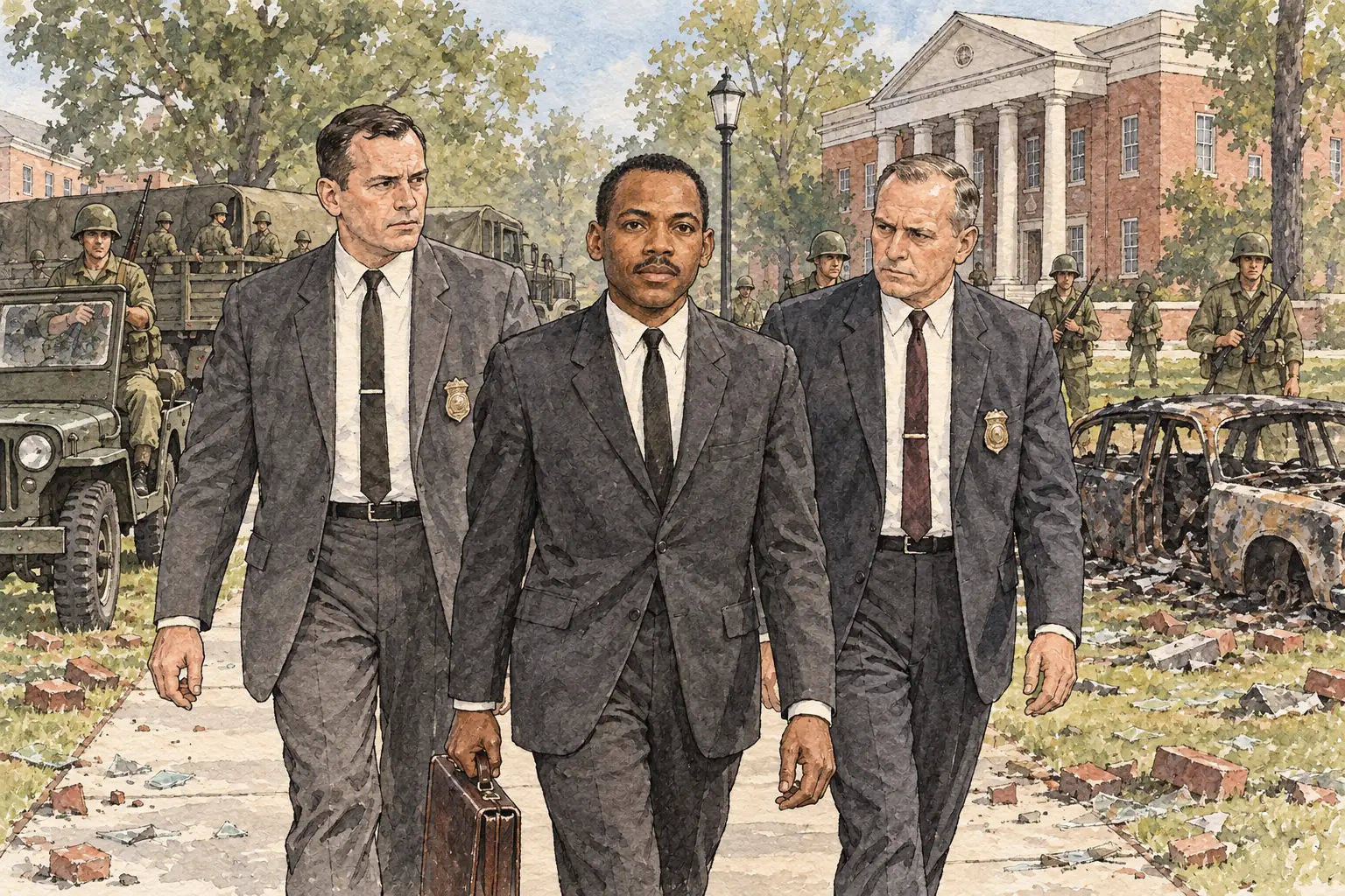 With soldiers and federalised Guardsmen holding the campus, Meredith registered and walked to his first class with US marshals beside him.