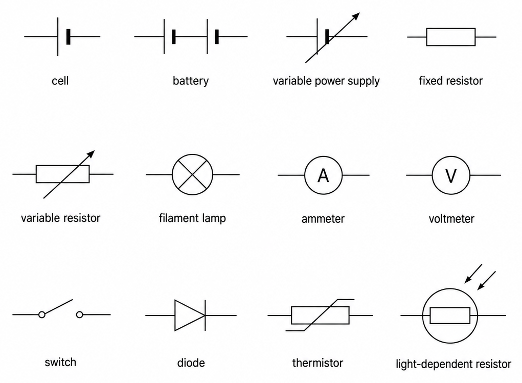 Twelve circuit symbols in three rows of four, named underneath: cell, battery, variable power supply, fixed resistor, variable resistor, filament lamp, ammeter, voltmeter, switch, diode, thermistor and light-dependent resistor.