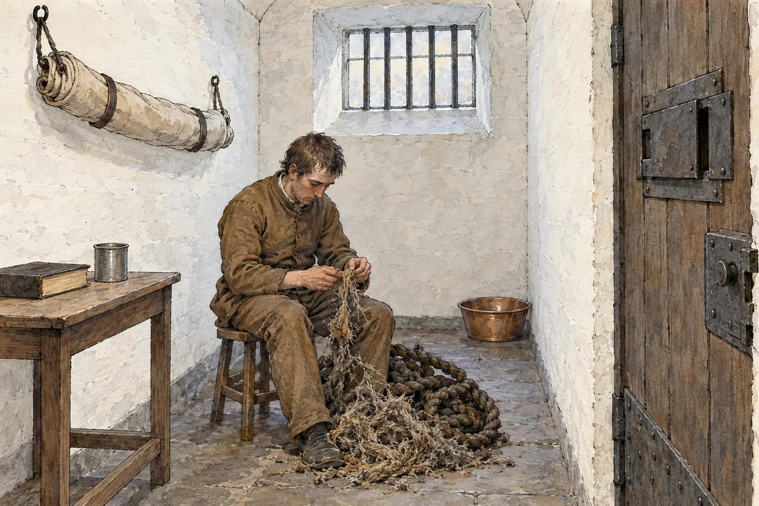At Pentonville each prisoner lived and worked alone in his cell, here picking oakum from old rope