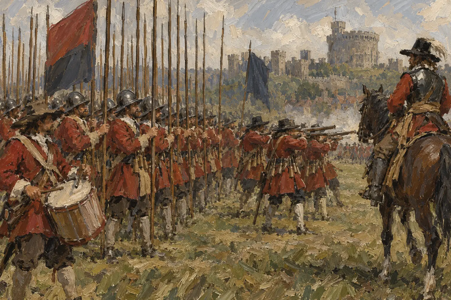 The New Model Army, formed in 1645, was a national army of about 22,000 men, trained and paid by Parliament and dressed in red coats