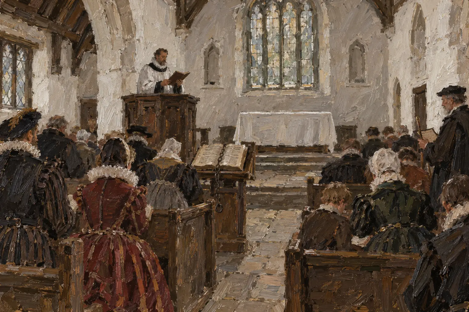 The Royal Injunctions required every church to have an English Bible, and regular sermons to spread the settlement's message.