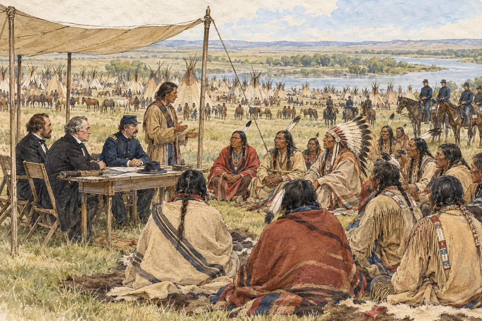 Thousands of Plains people gathered for the 1851 treaty council, where the tribes agreed to let migrants cross their lands safely in return for yearly payments of goods.