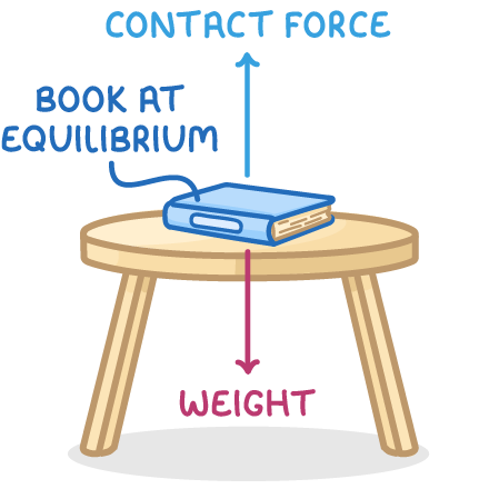 A blue book resting on a round wooden table, a blue arrow pointing up from it labelled contact force, a red arrow pointing down labelled weight, and a label reading book at equilibrium.