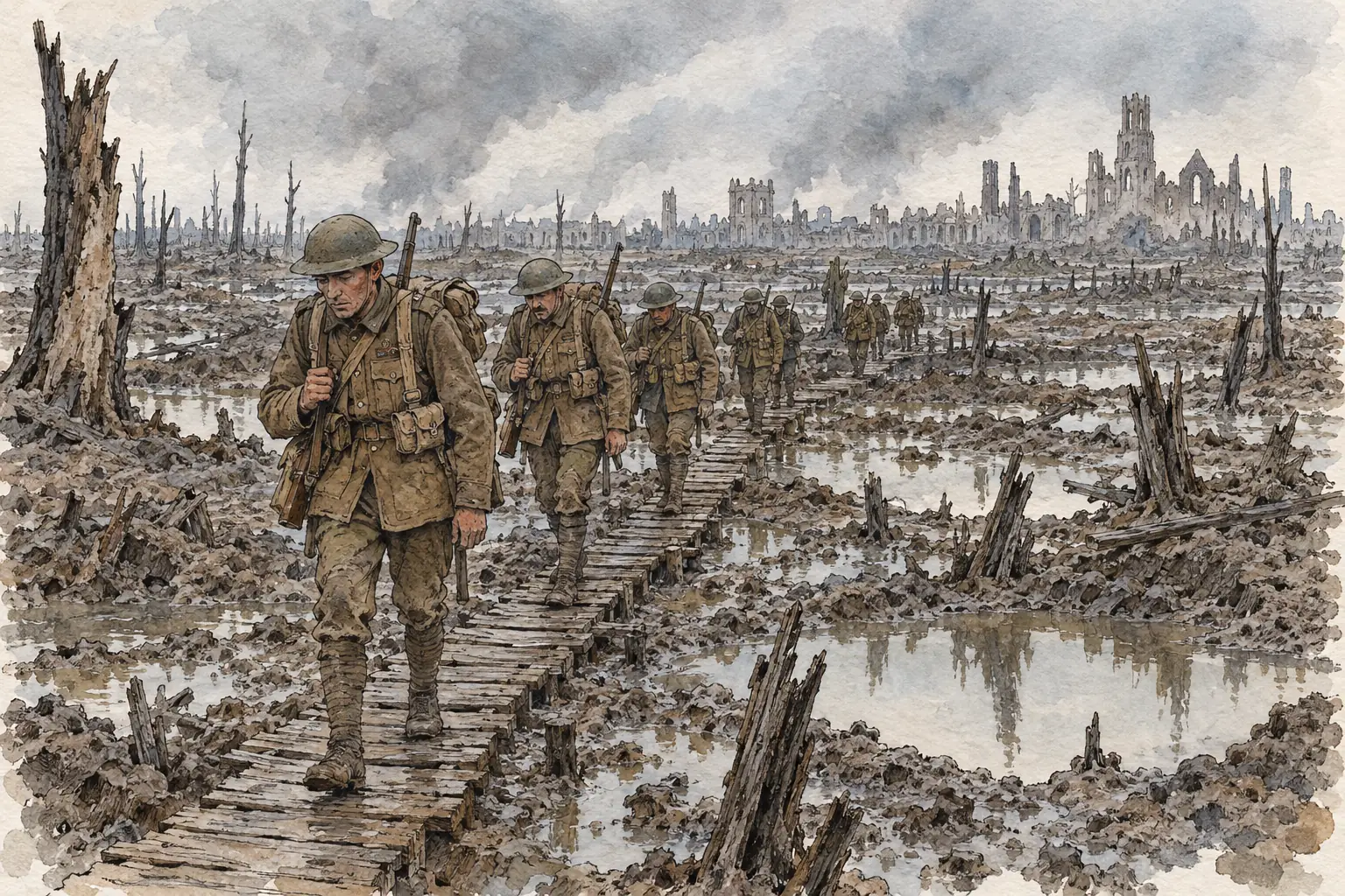 The Ypres Salient's low-lying clay soil became waterlogged, and at Passchendaele in 1917 heavy rain turned the battlefield into mud