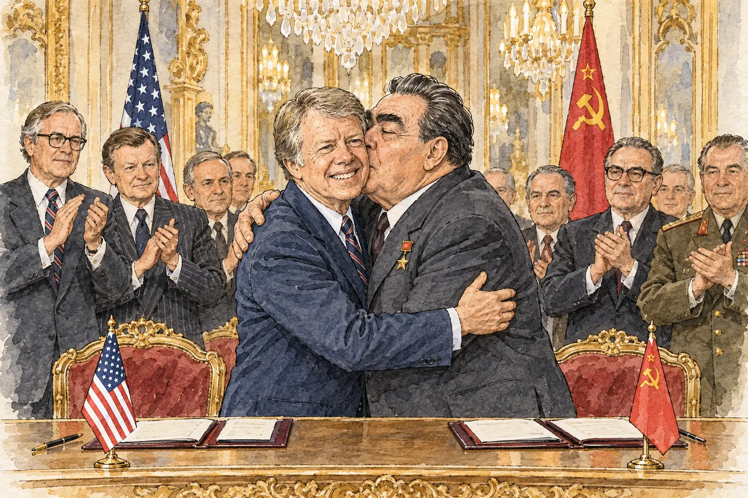Carter and Brezhnev embraced in Vienna in June 1979, when SALT II was agreed, but the US Senate never ratified it.