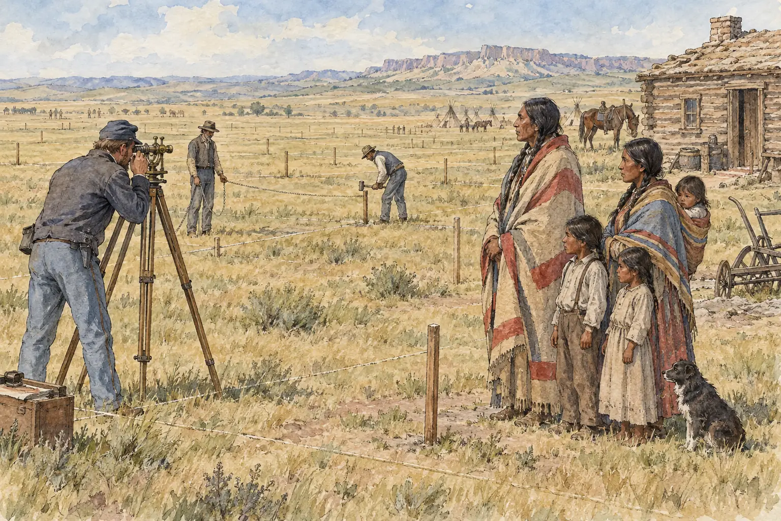 Under the Dawes Act of 1887, reservation land was surveyed and divided into individual plots, typically 160 acres for each family head.