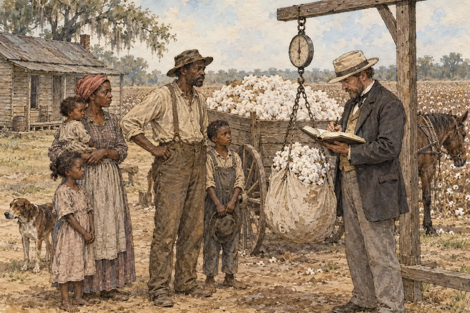 Sharecroppers handed over a share of their crop to the landowner, and many families fell deeper into debt each year.