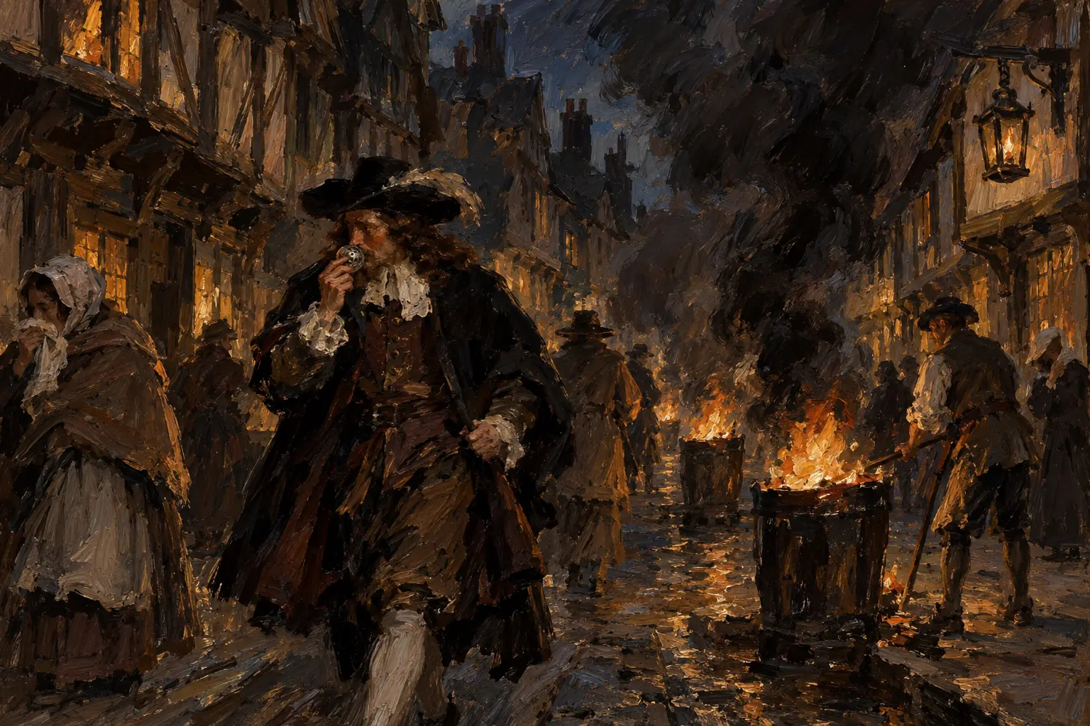 Barrels of tar were burned in the streets to drive away the poisonous air thought to spread the plague.