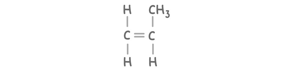 Two carbon atoms joined by a double bond, the left carrying a hydrogen atom above and below, the right carrying a CH3 group above and a hydrogen atom below.