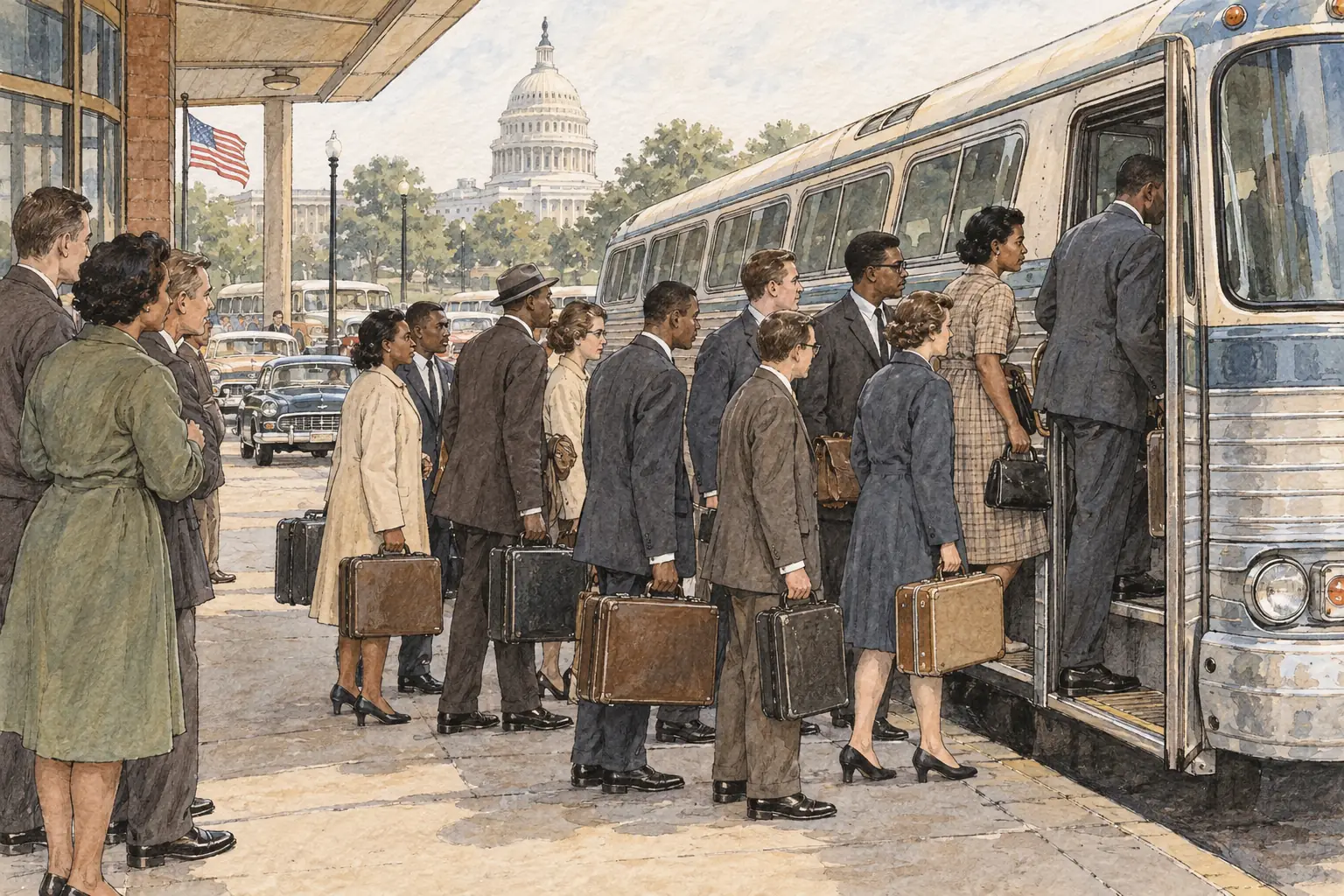 On 4 May 1961 thirteen Freedom Riders organised by CORE, Black and white, left Washington DC by bus to test whether the South obeyed the Supreme Court's ban on segregated bus terminals.