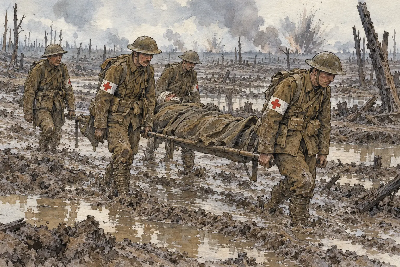 Shelling churned the ground into craters and mud, which badly delayed stretcher-bearers carrying the wounded back.