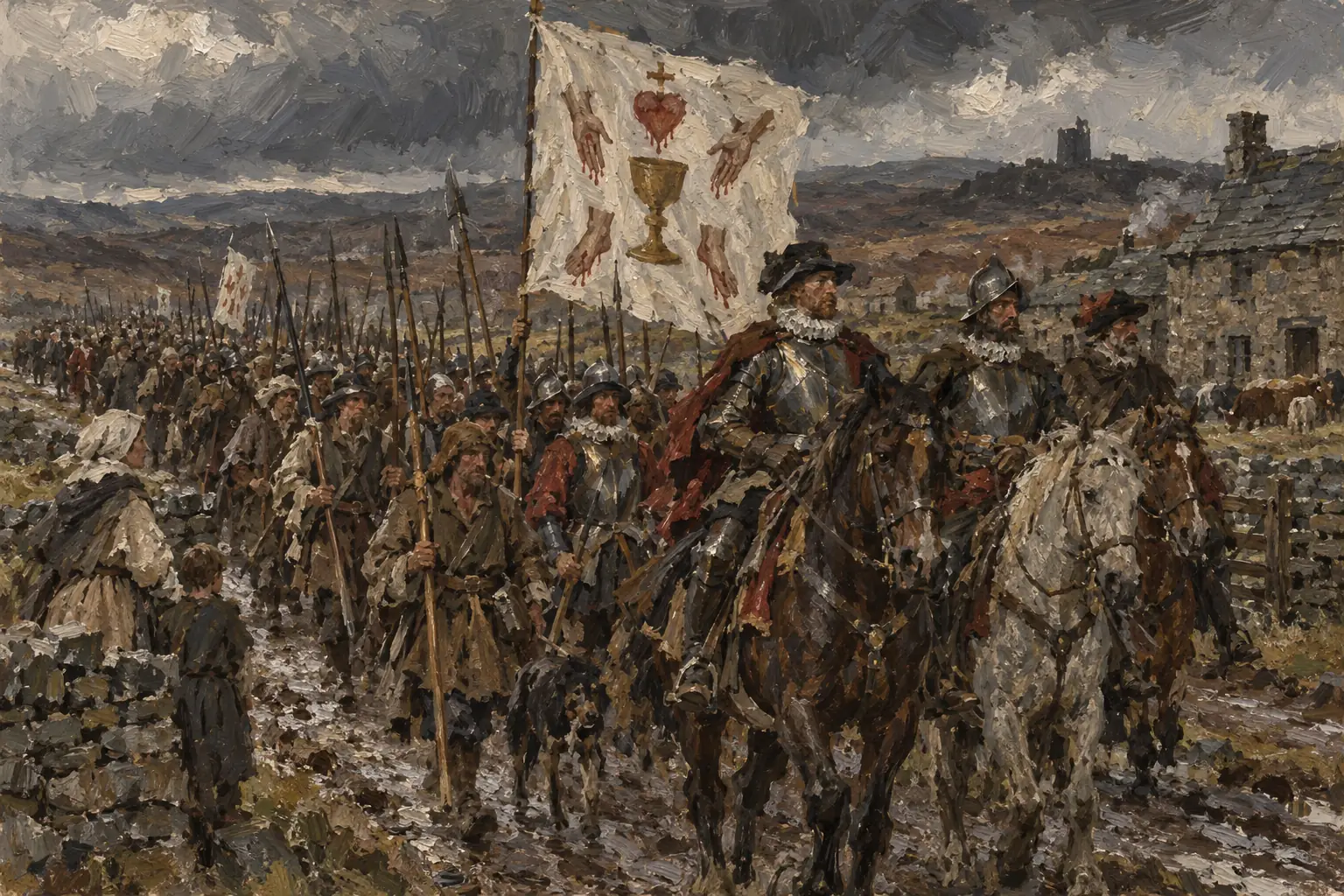 The northern earls rose in late 1569 to restore Catholicism and free Mary, marching under the banner of the Five Wounds of Christ.