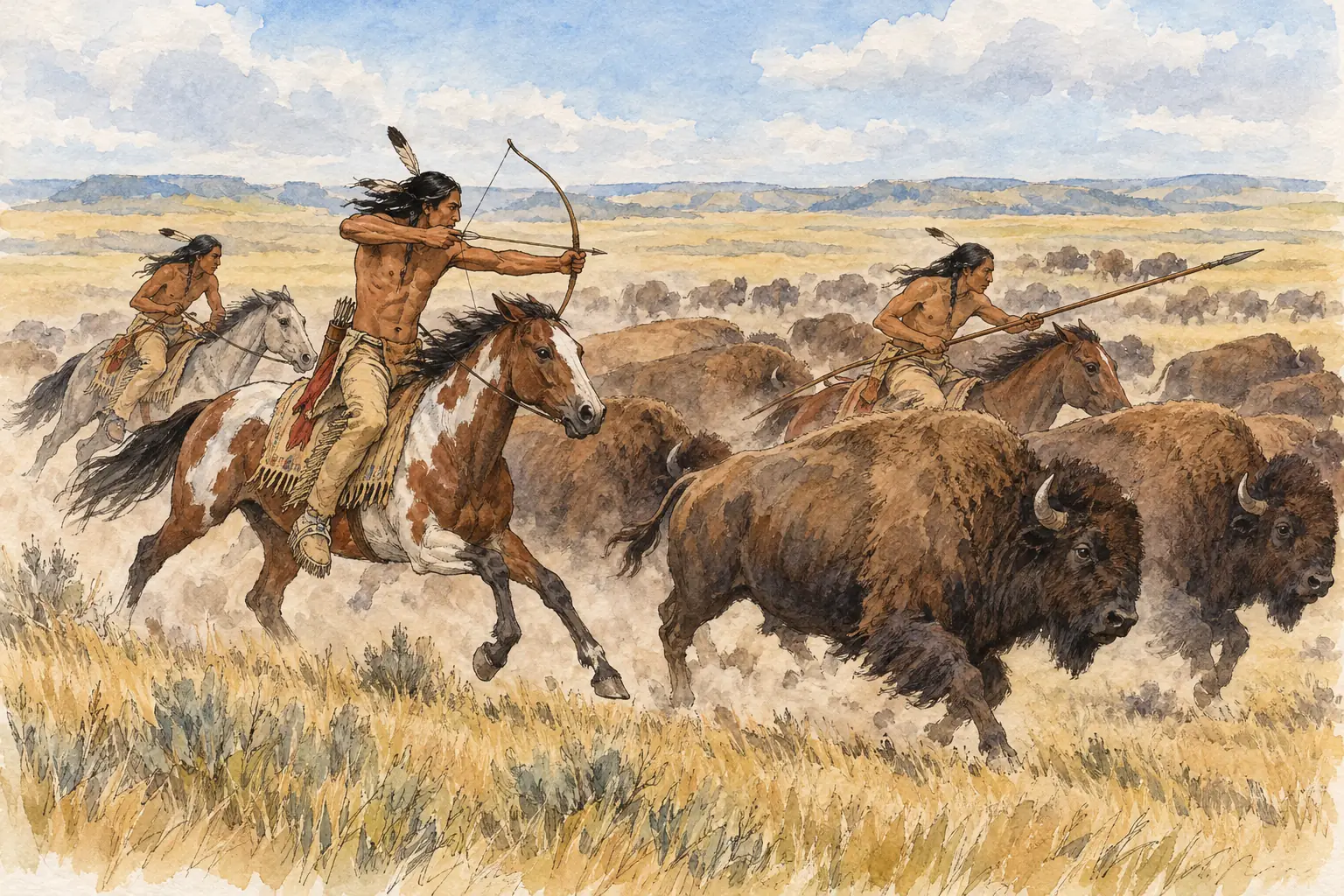 Horses let Plains hunters ride alongside the buffalo herds, and the buffalo supplied food, hides for tipis and clothing, and bone and horn for tools.