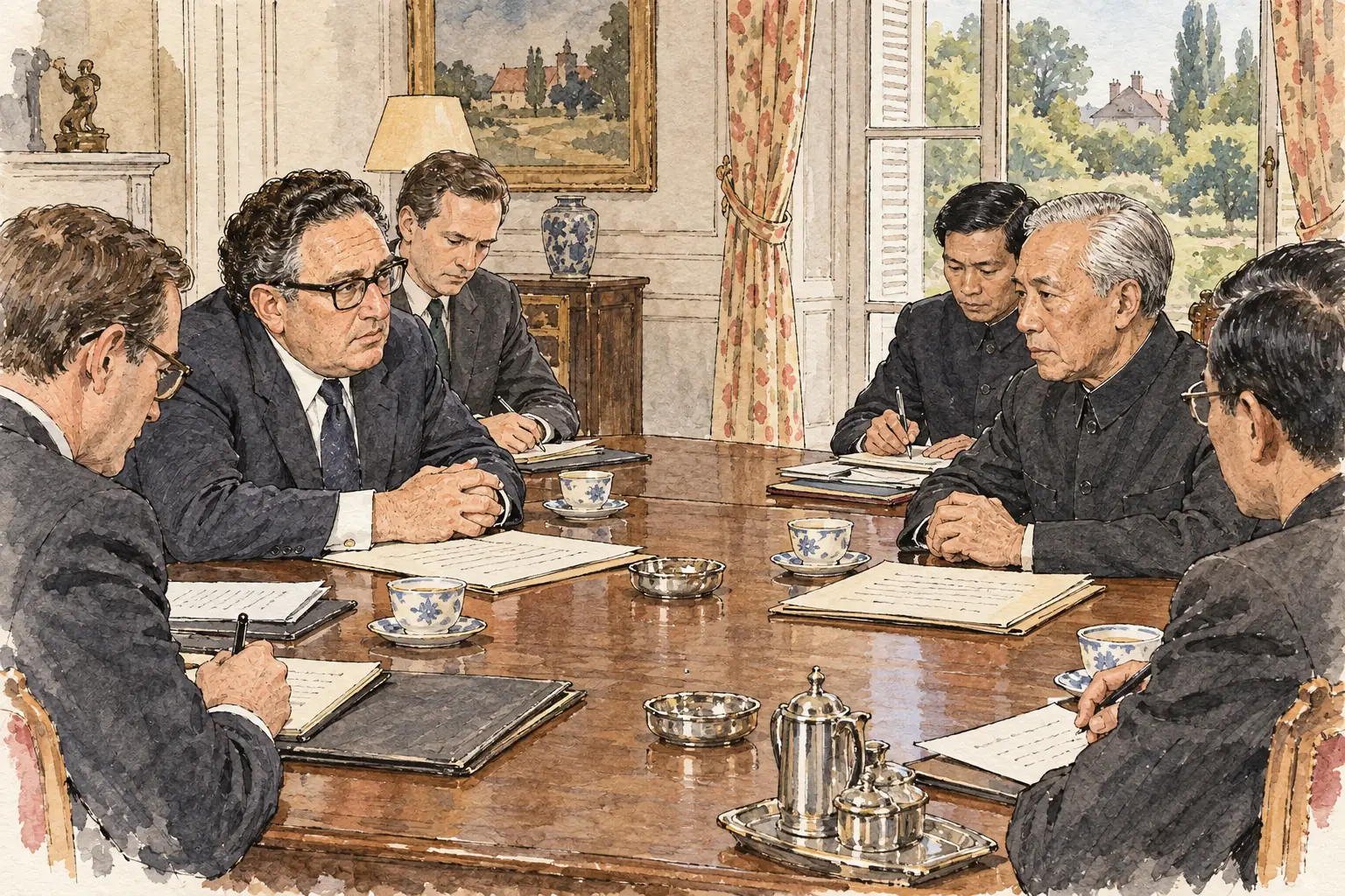 Kissinger and North Vietnam's Le Duc Tho reached the key agreements in secret talks at private houses near Paris, often leaving South Vietnam out.