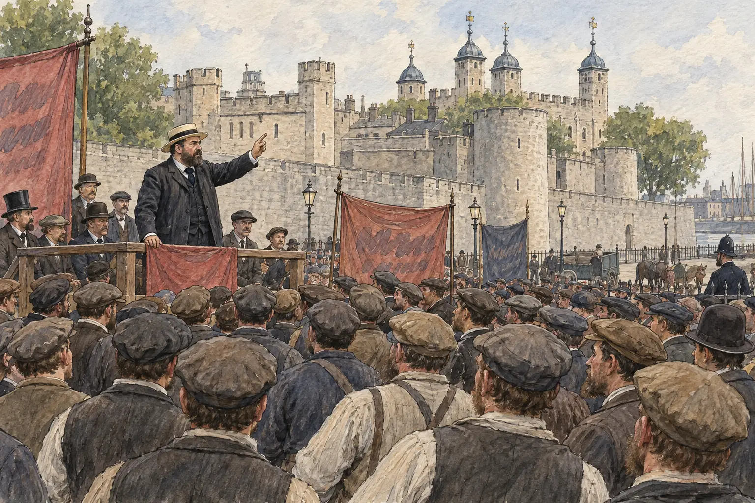 During the 1889 strike John Burns and Ben Tillett addressed huge daily meetings on Tower Hill