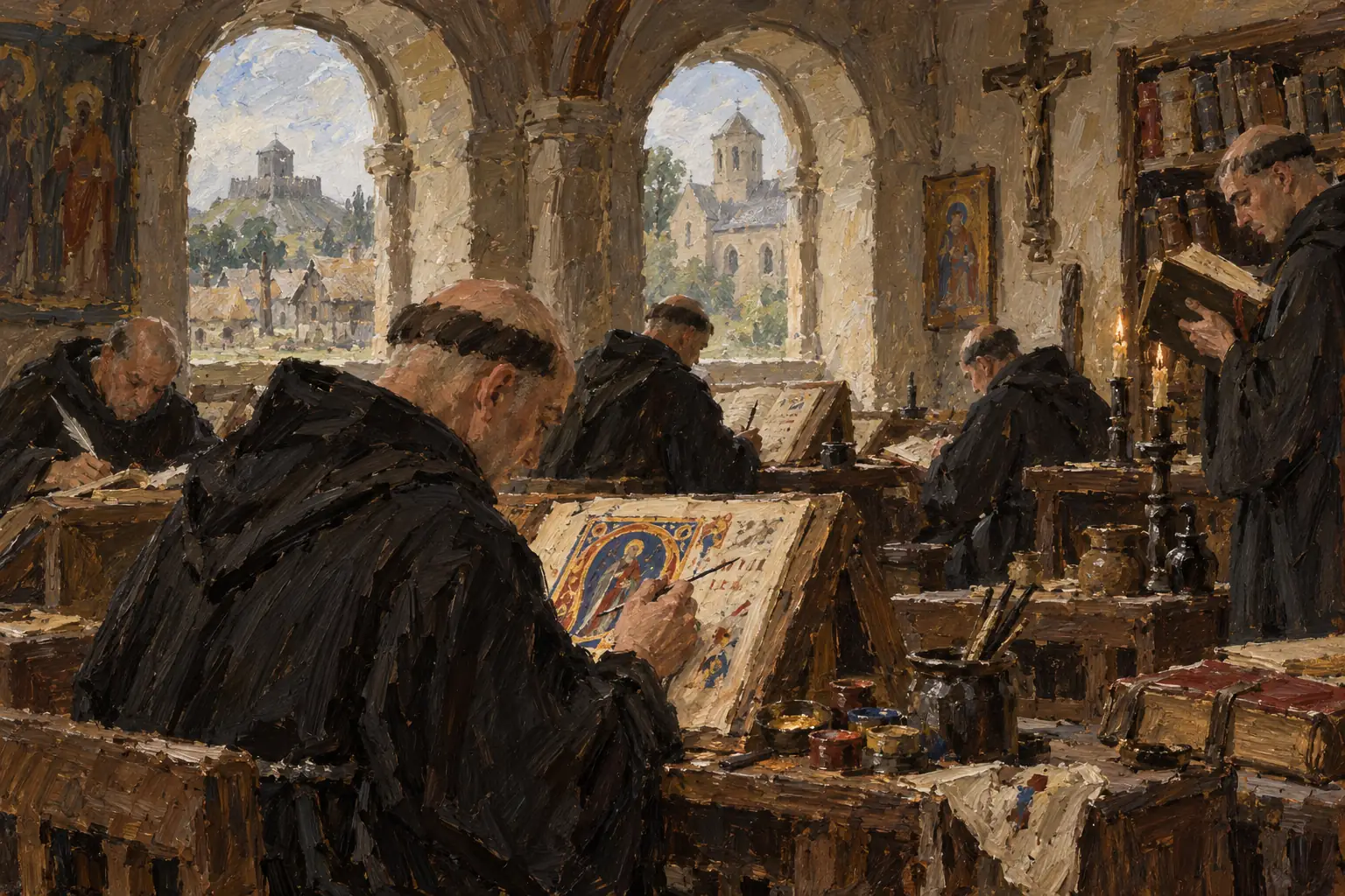 Monks copied books by hand, preserving religious and classical texts in monastic libraries.