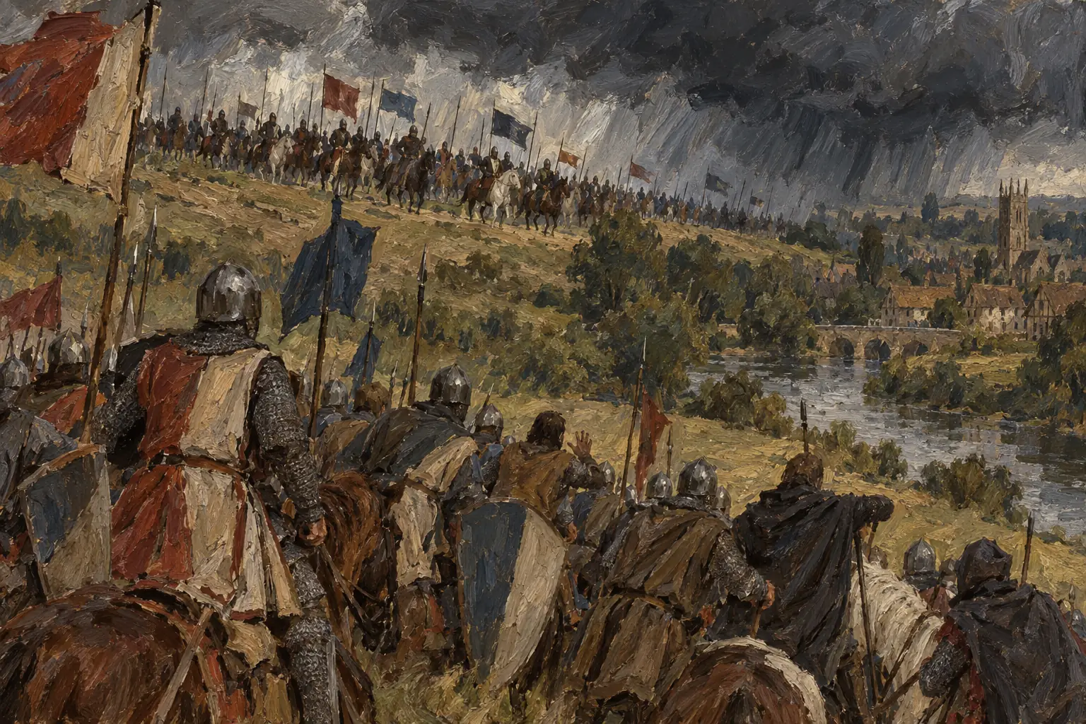 In August 1265 Prince Edward's army trapped de Montfort's smaller force in a loop of the River Avon at Evesham, and de Montfort was killed in the battle.
