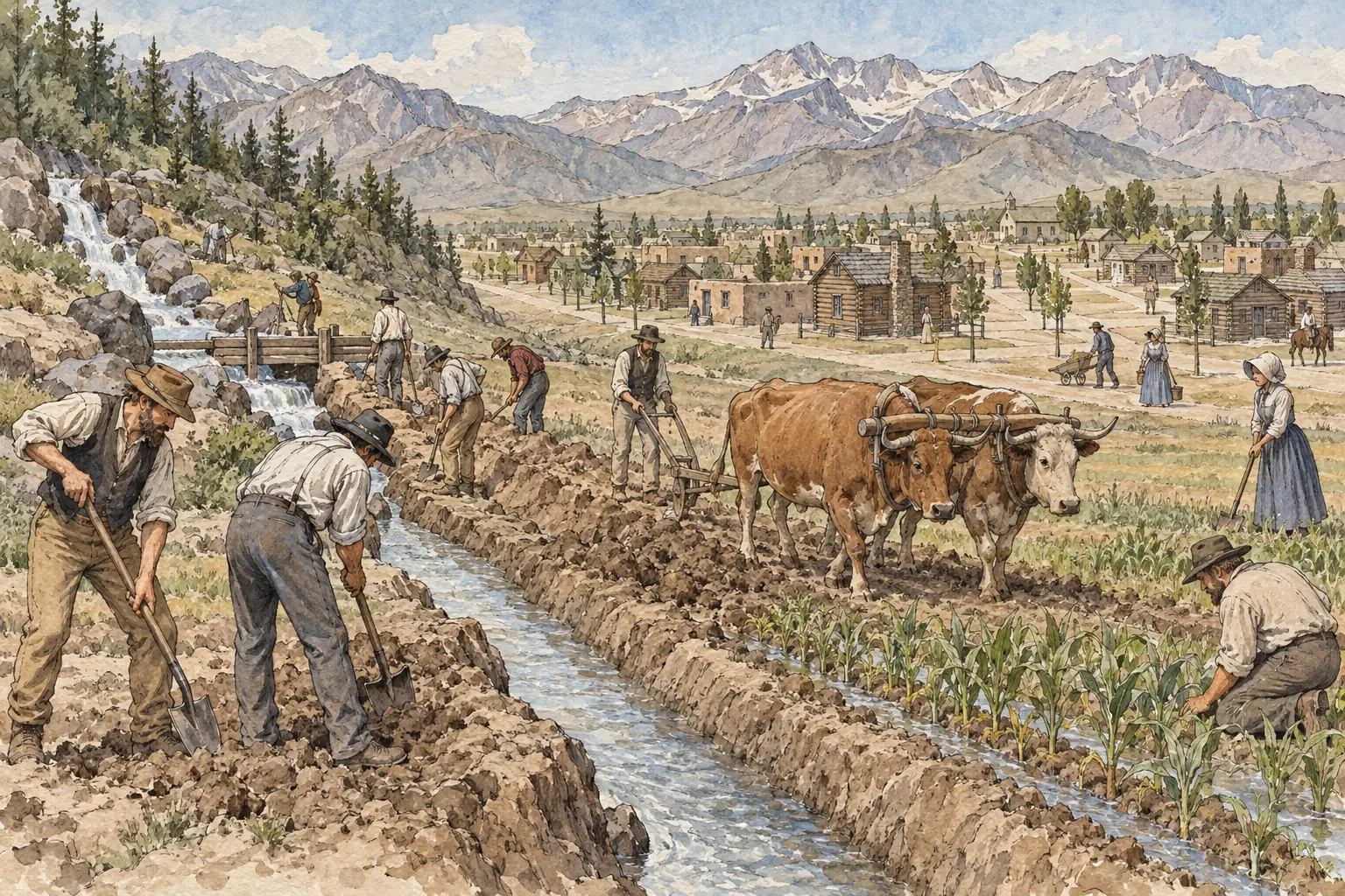 Working together, the Mormon settlers dug irrigation ditches to farm the desert and laid out their city on a grid.