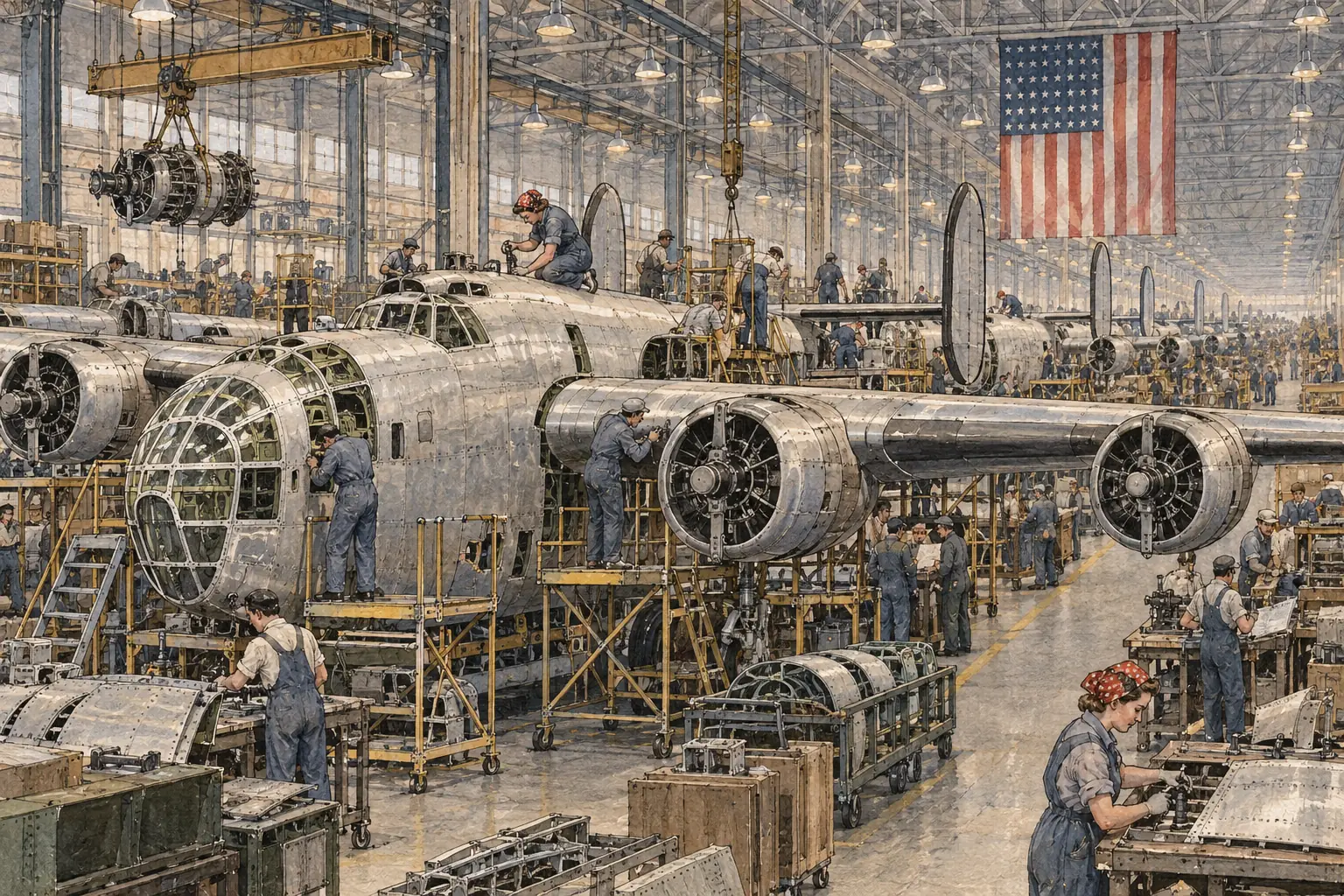At Ford's Willow Run plant near Detroit, car-making methods were used to build B-24 bombers on an assembly line