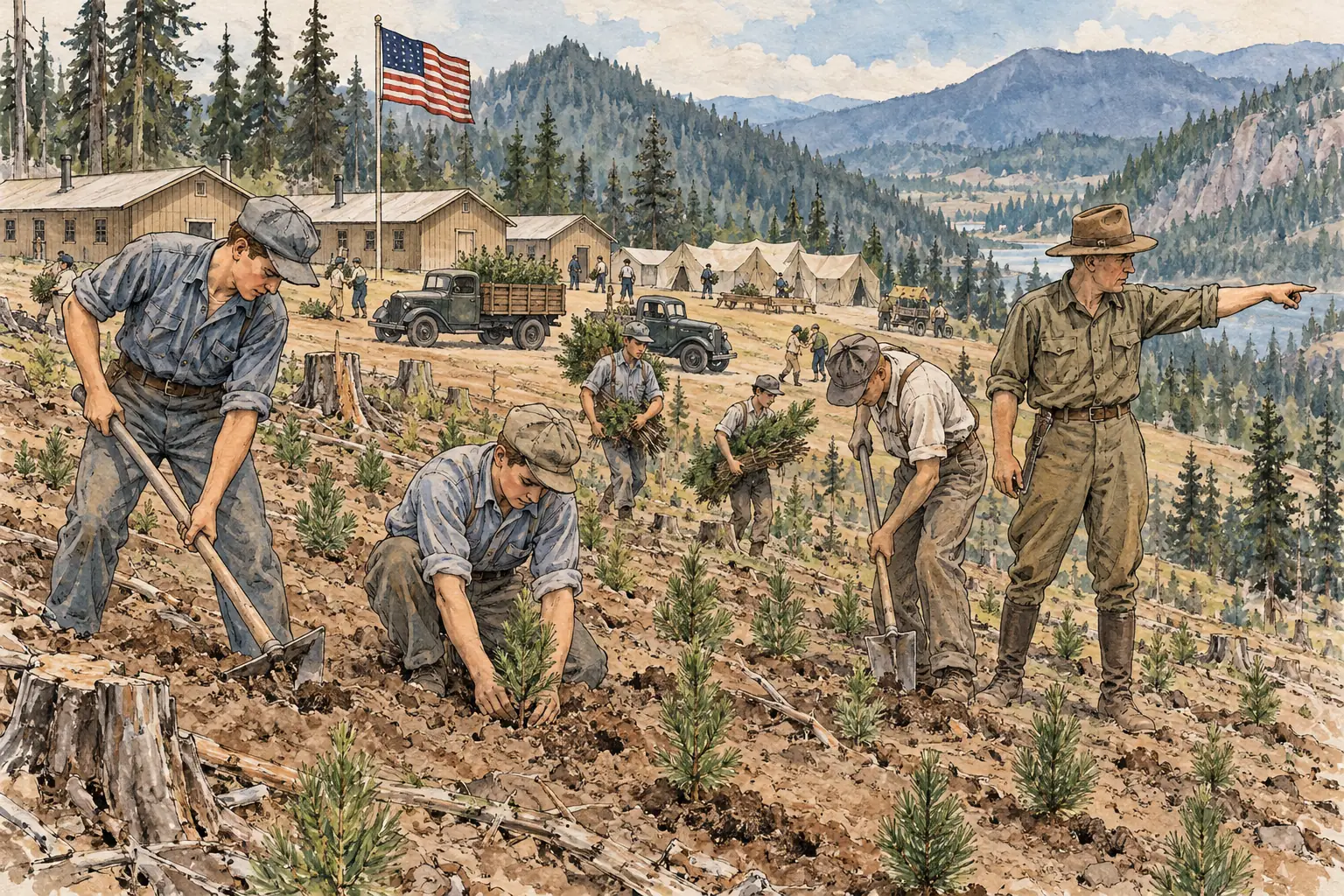 Young men in the Civilian Conservation Corps planted trees and worked on conservation projects