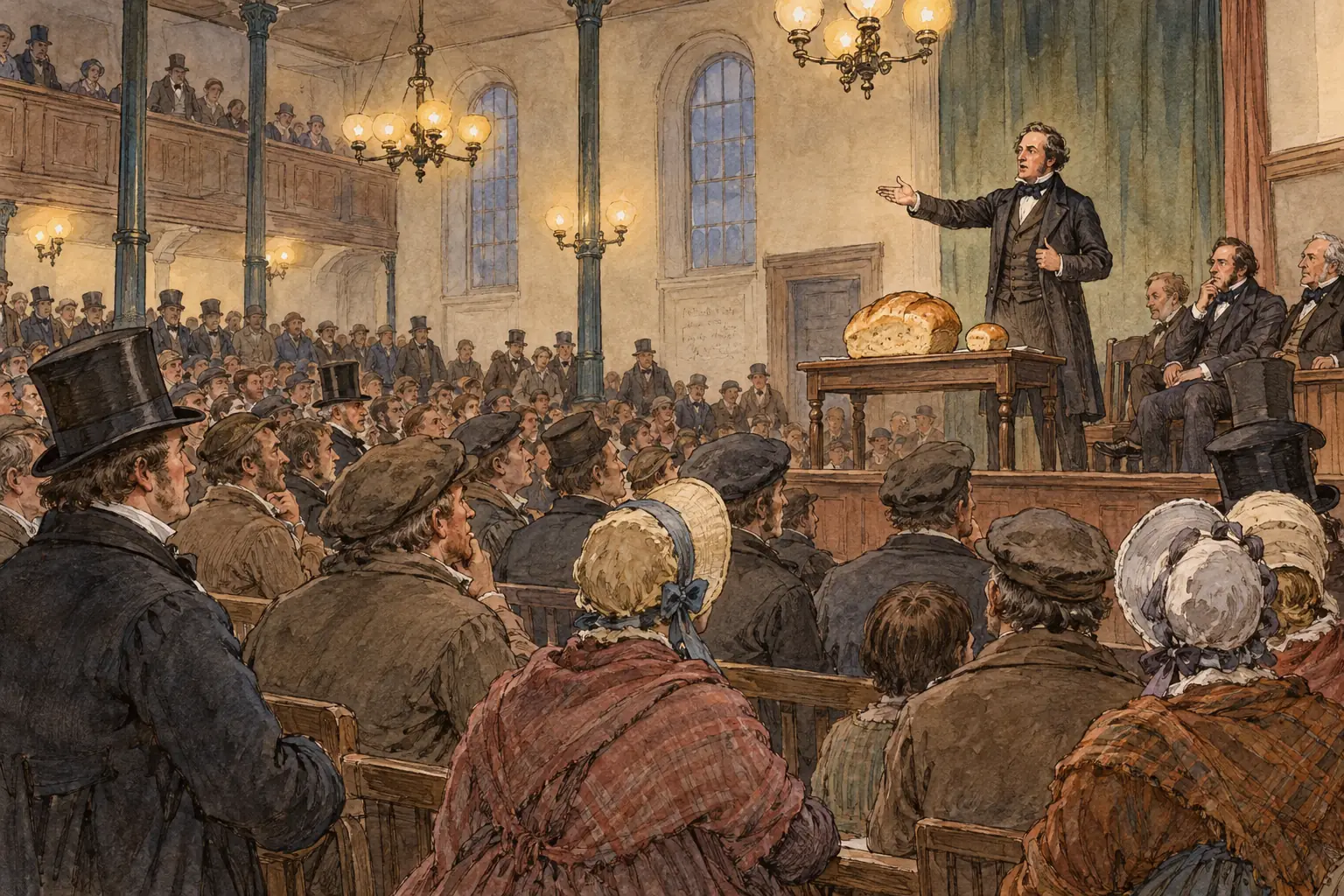 Anti-Corn Law League lecturers showed audiences a big loaf and a little loaf, to show how much more bread wages would buy if foreign grain came in free.