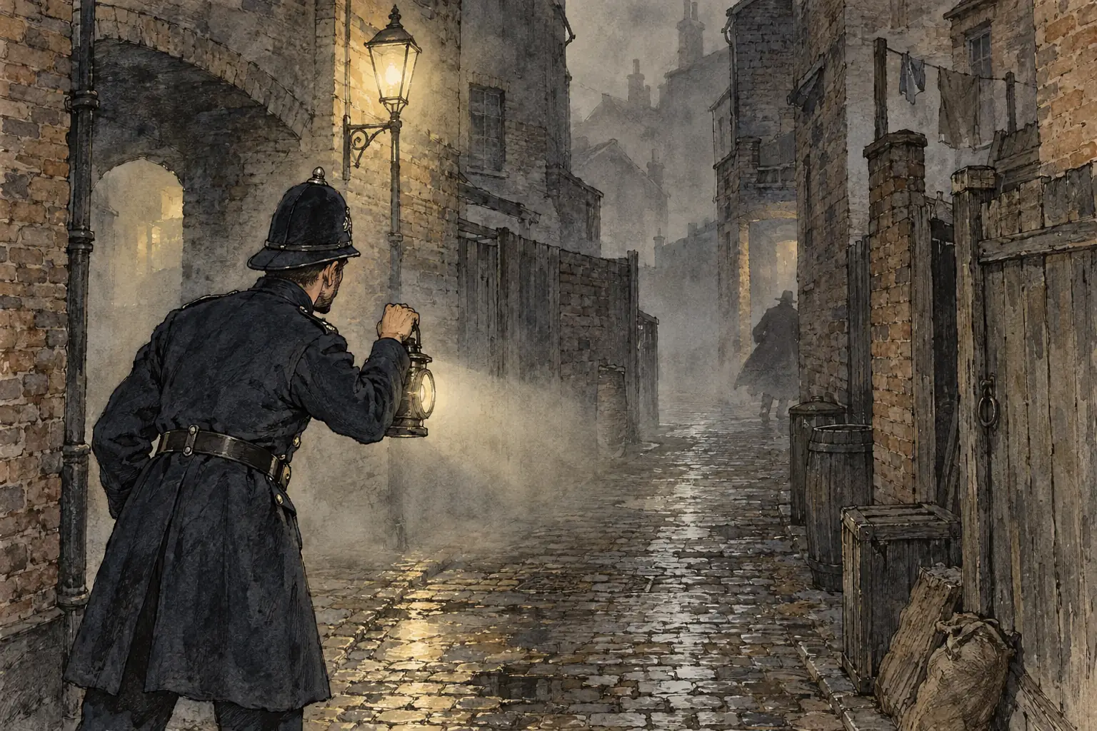 Fog, poor street lighting and a maze of alleys and courts made it easy for criminals to escape a constable's lantern.