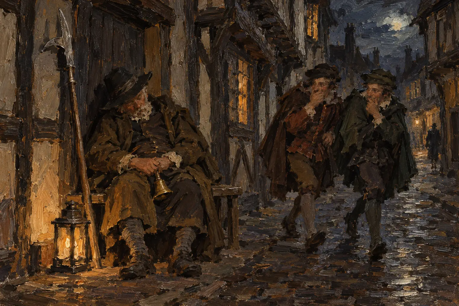 Town watchmen patrolled the streets at night but were often mocked as unreliable