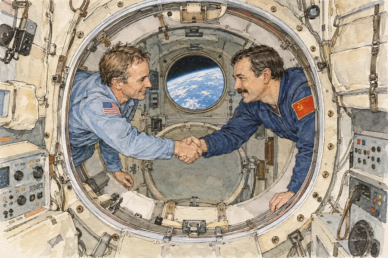 In July 1975 an American Apollo spacecraft docked with a Soviet Soyuz in orbit, and the two crews shook hands through the hatch.