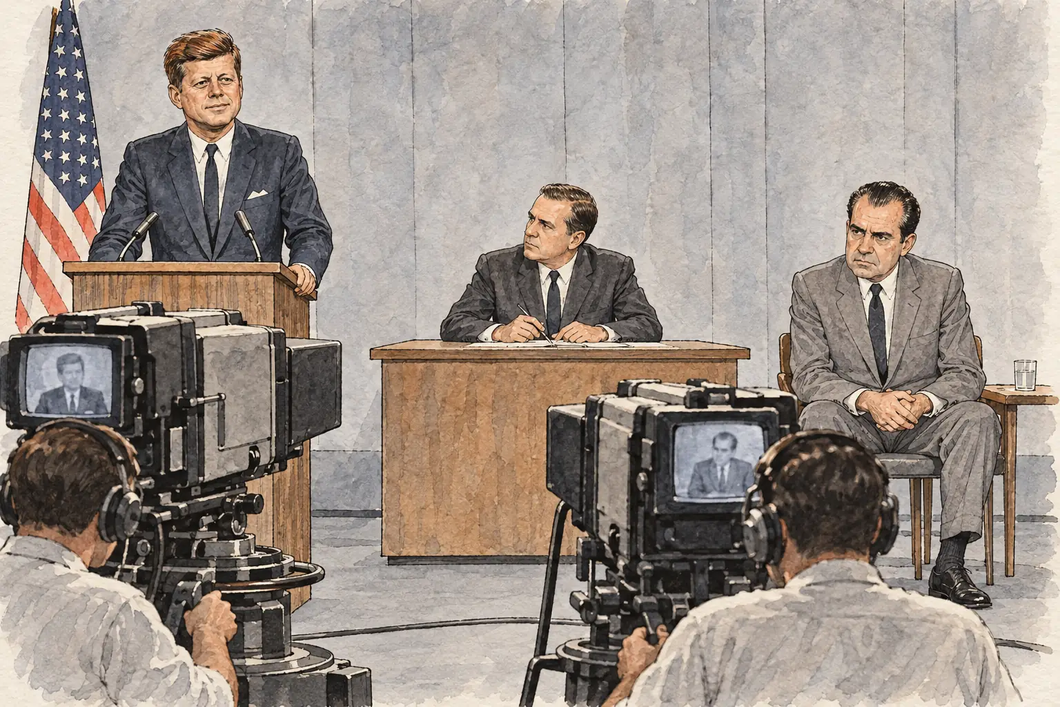 In the first televised presidential debate, on 26 September 1960, Kennedy looked calm and confident while Nixon looked pale and tired