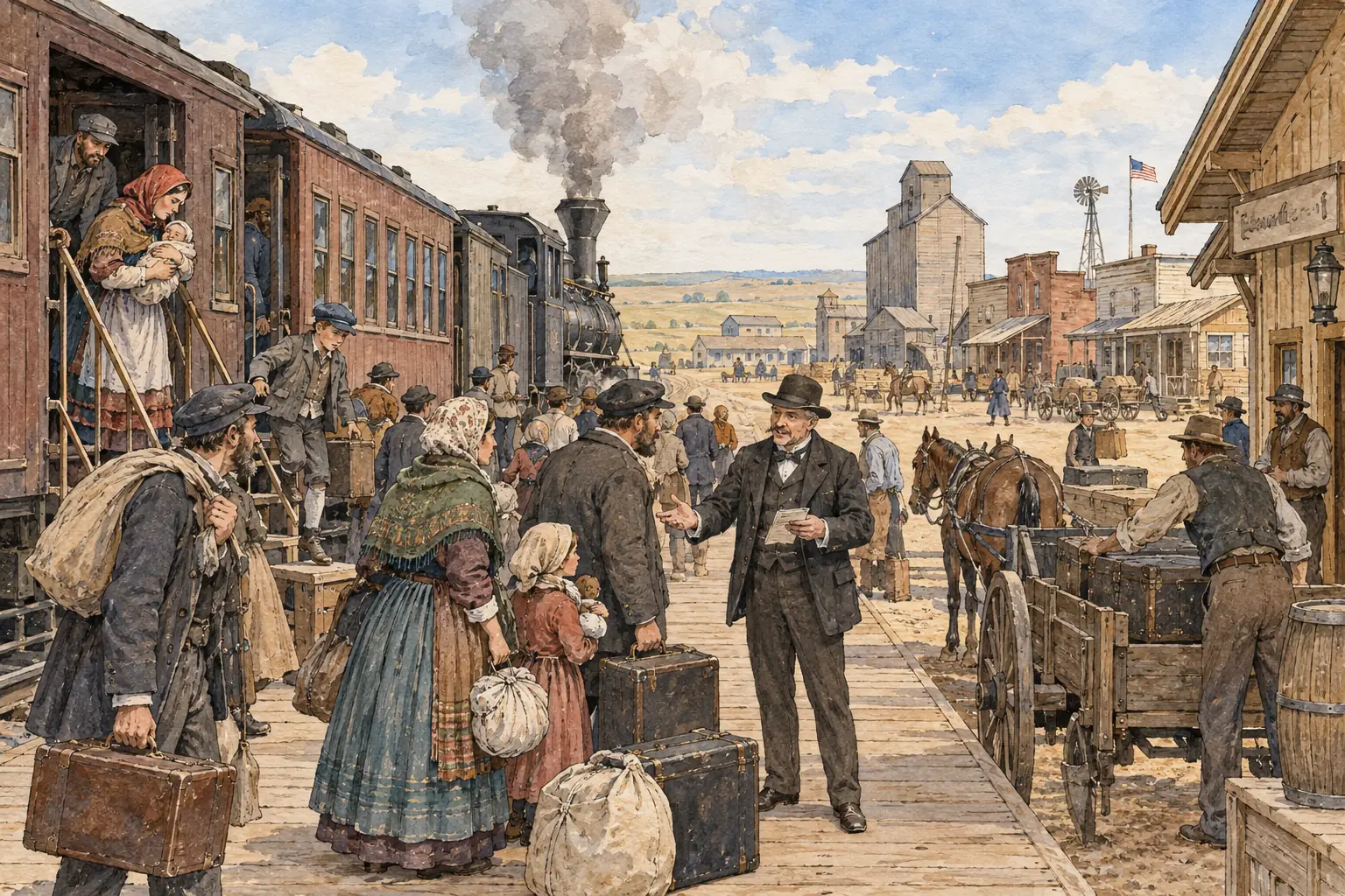 Railroads brought settlers, including many European immigrants, cheaply and quickly to new towns on the Plains.