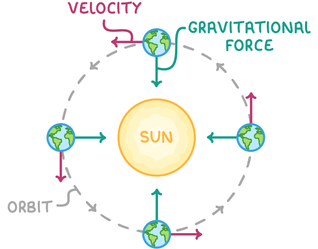 Four Earths sit on a grey dashed circle labelled orbit around a central sun, each with a green arrow labelled gravitational force pointing inwards and a pink arrow labelled velocity along the circle.