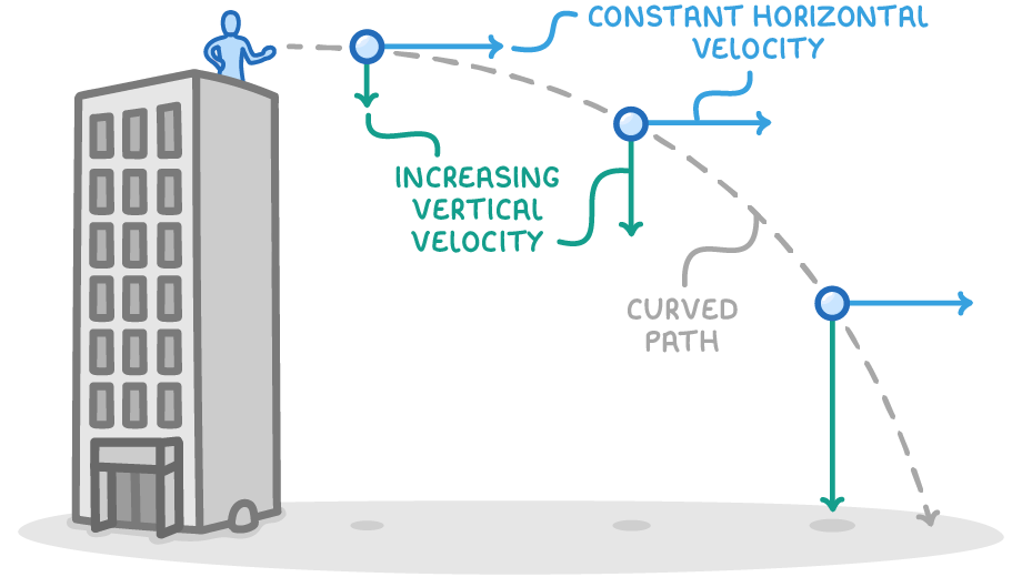 A stick figure on a tall building, with a ball at three points on a dashed curved path, equal horizontal arrows and lengthening downward arrows labelled constant horizontal velocity and increasing vertical velocity.