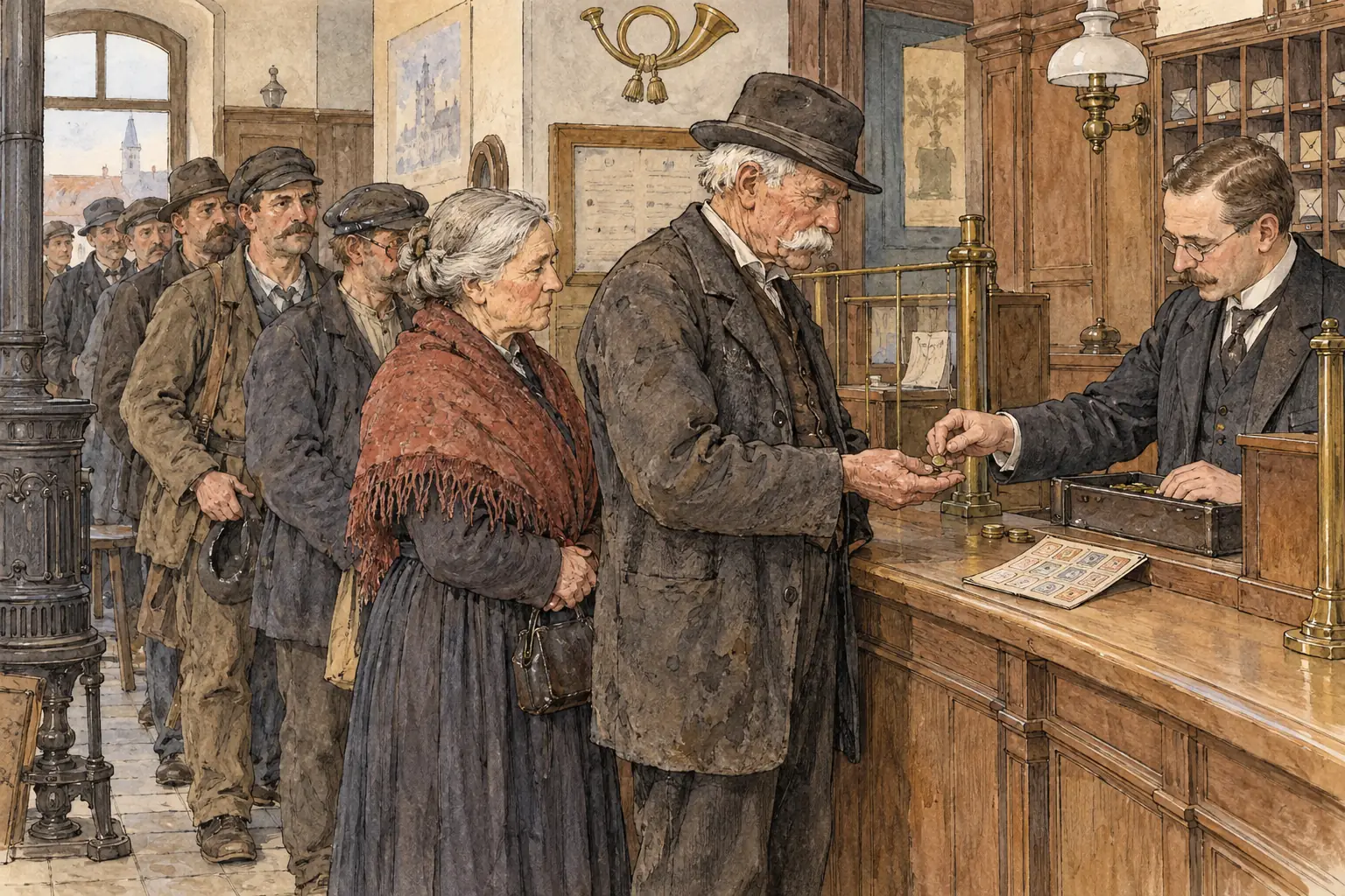 Old-age pensions, introduced in 1889, were paid for by weekly contributions from workers and employers.